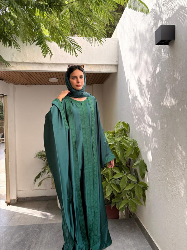 Ember Green Pure Silk Embroidered Abaya