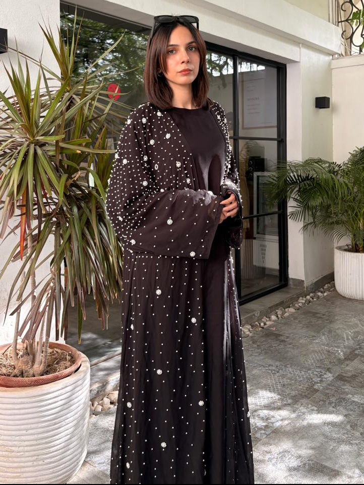 Black Luxury Pearl Abaya – Chiffon & Nida
