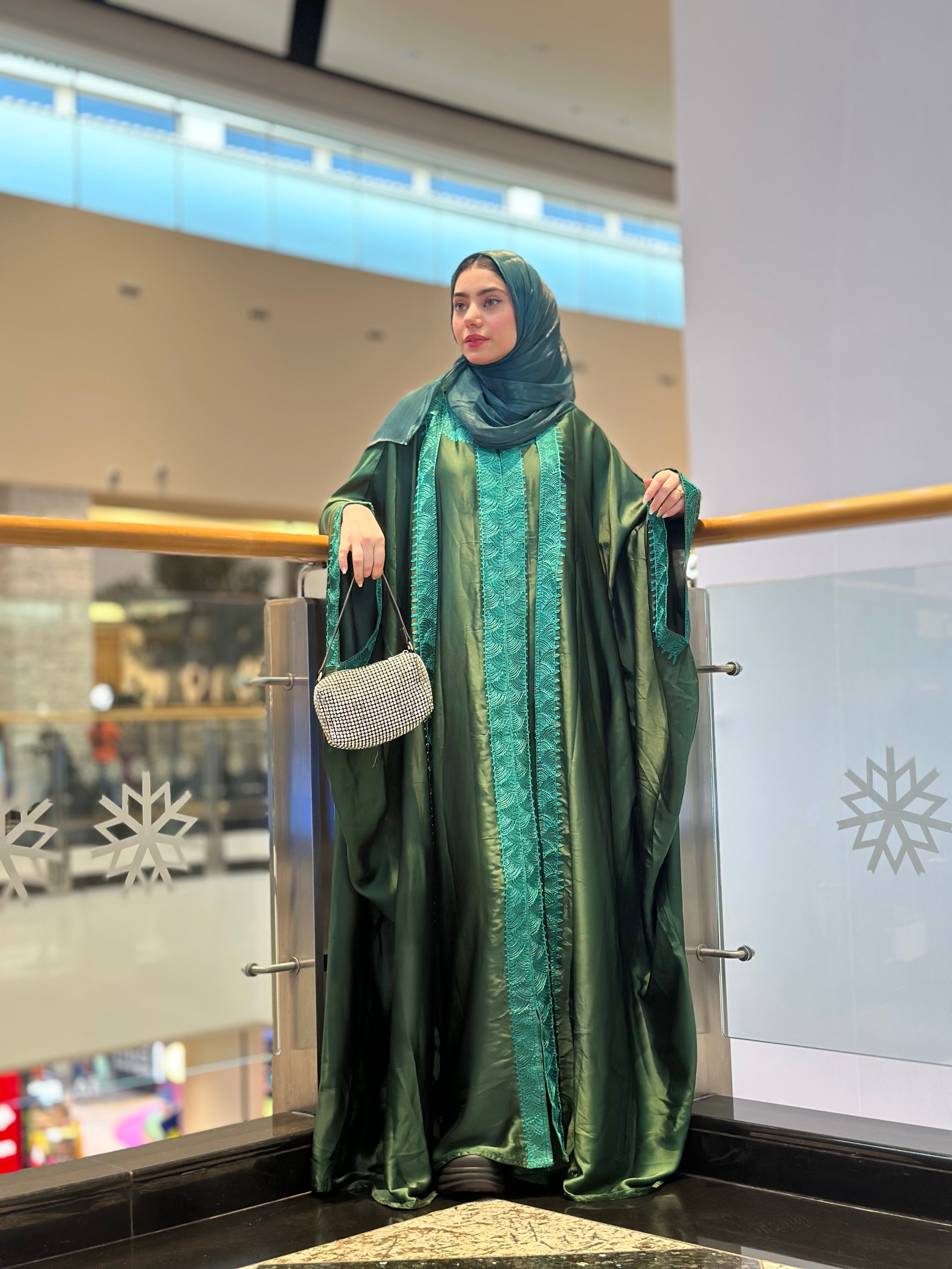 Ember Green Pure Silk Embroidered Abaya