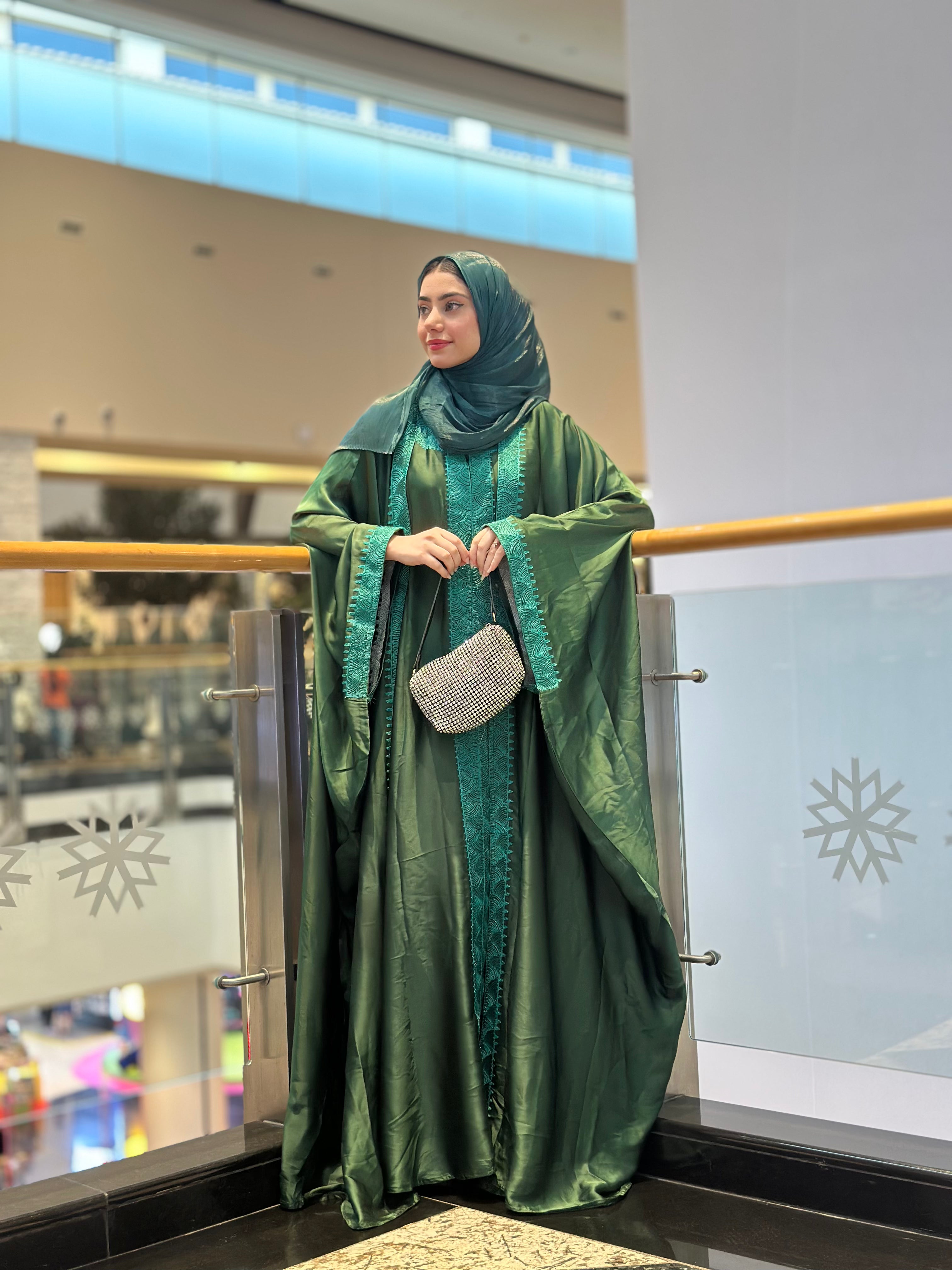 Ember Green Pure Silk Embroidered Abaya