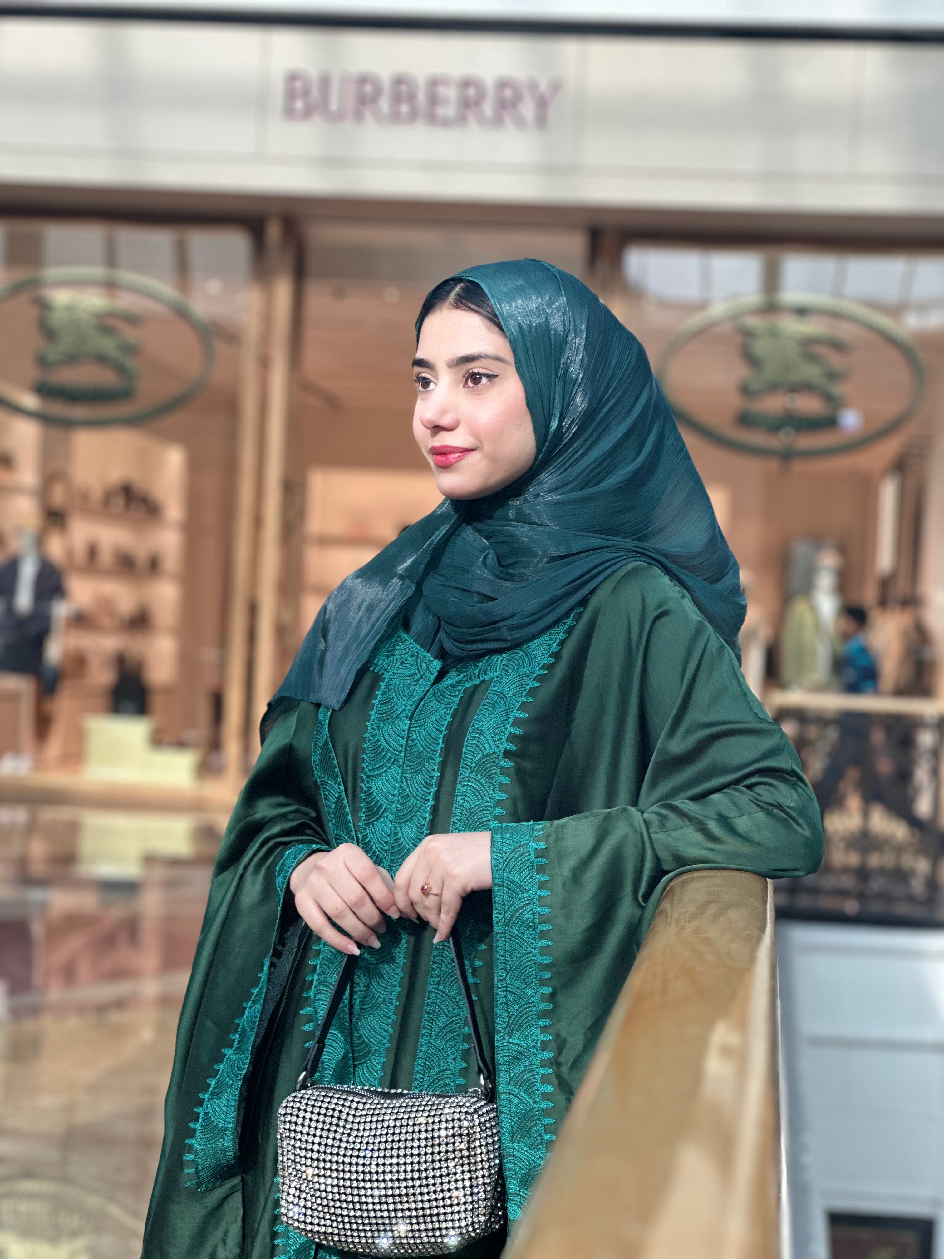 Ember Green Pure Silk Embroidered Abaya