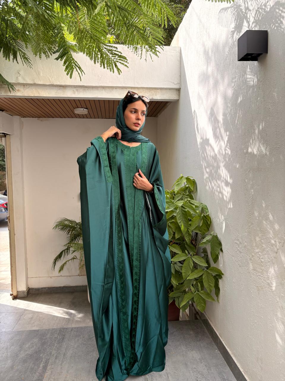 Ember Green Pure Silk Embroidered Abaya