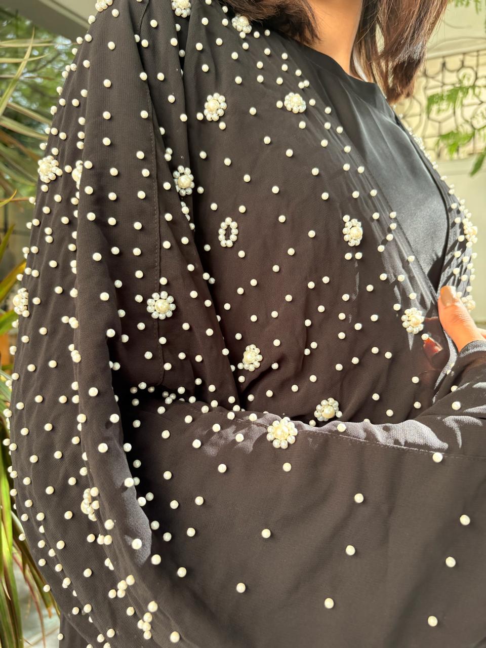 Black Luxury Pearl Abaya – Chiffon & Nida